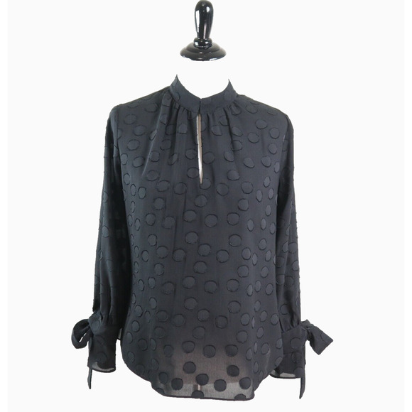 Ann Taylor Size Petite M Keyhole Neck Blouse Tie Black Polka Dot - Picture 2 of 11